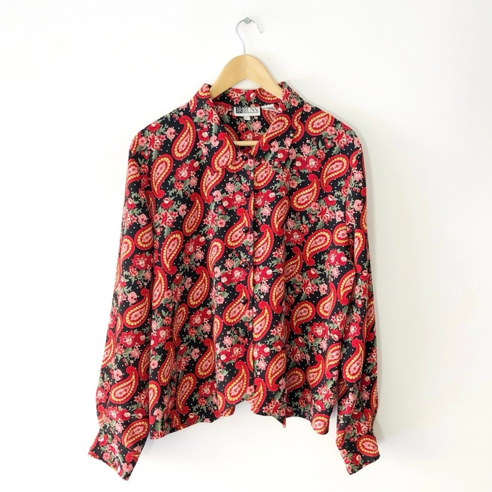 Vintage Black, Red and Pink Floral Paisley Print Button Up Blouse